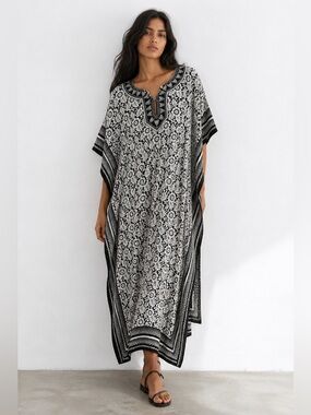 Black & White Floral Kaftan Dress | Boho Tunic Cover-Up | One Size